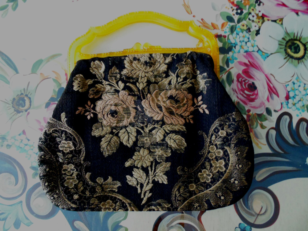 Vtg 40’s Black Gold Rose Tapestry Handbag Ornate Lucite Handle Purse Evening Bag